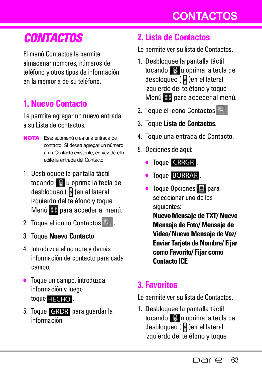 LG Electronics Dare manual Favoritos, Toque Nuevo Contacto, Toque Lista de Contactos 