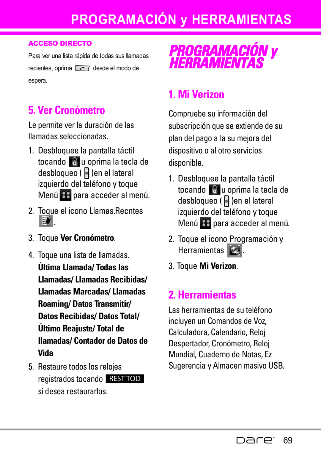 LG Electronics Dare manual Programación y Herramientas, Ver Cronómetro, Mi Verizon 