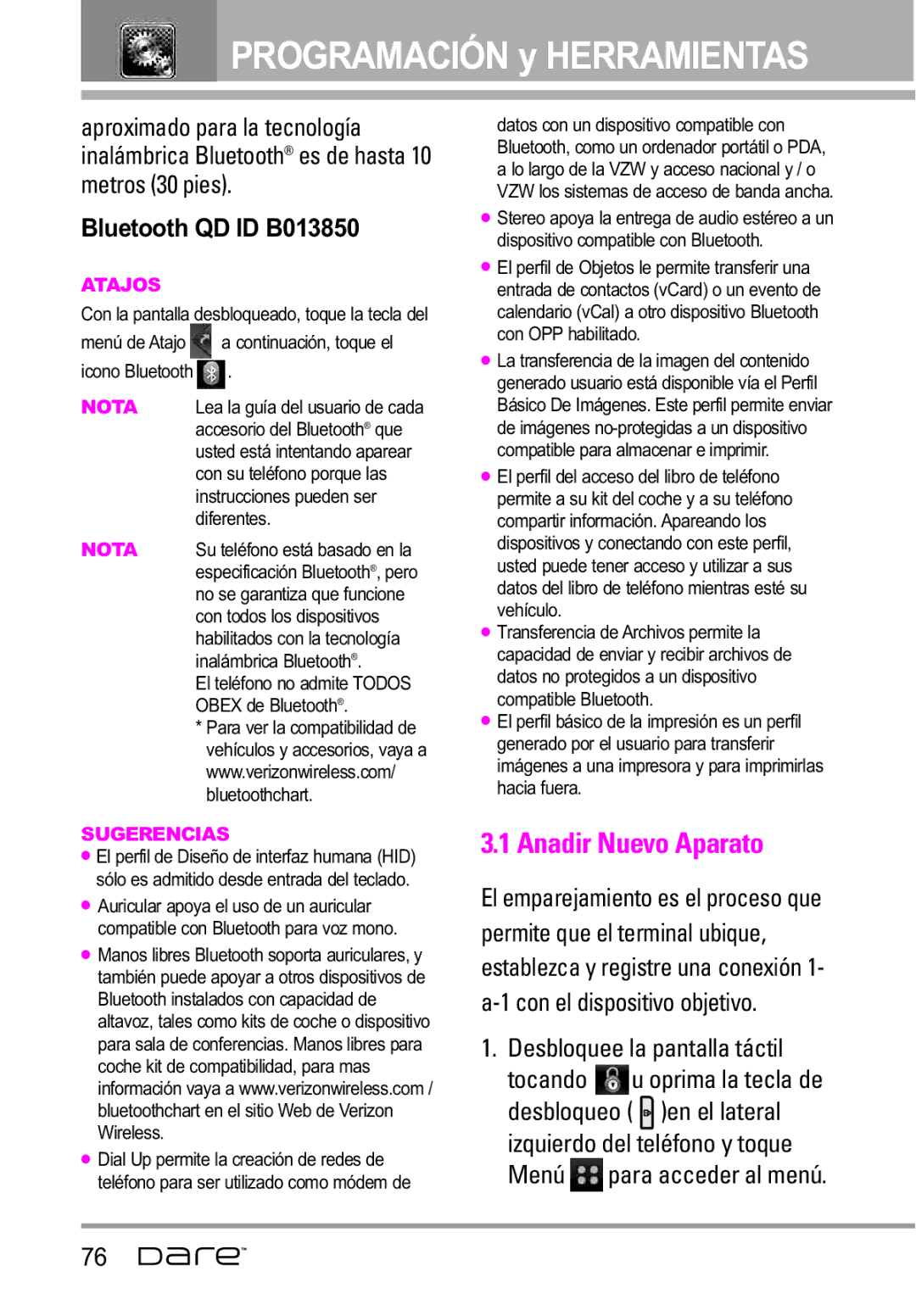 LG Electronics Dare manual Anadir Nuevo Aparato, Metros 30 pies, Bluetooth QD ID B013850 