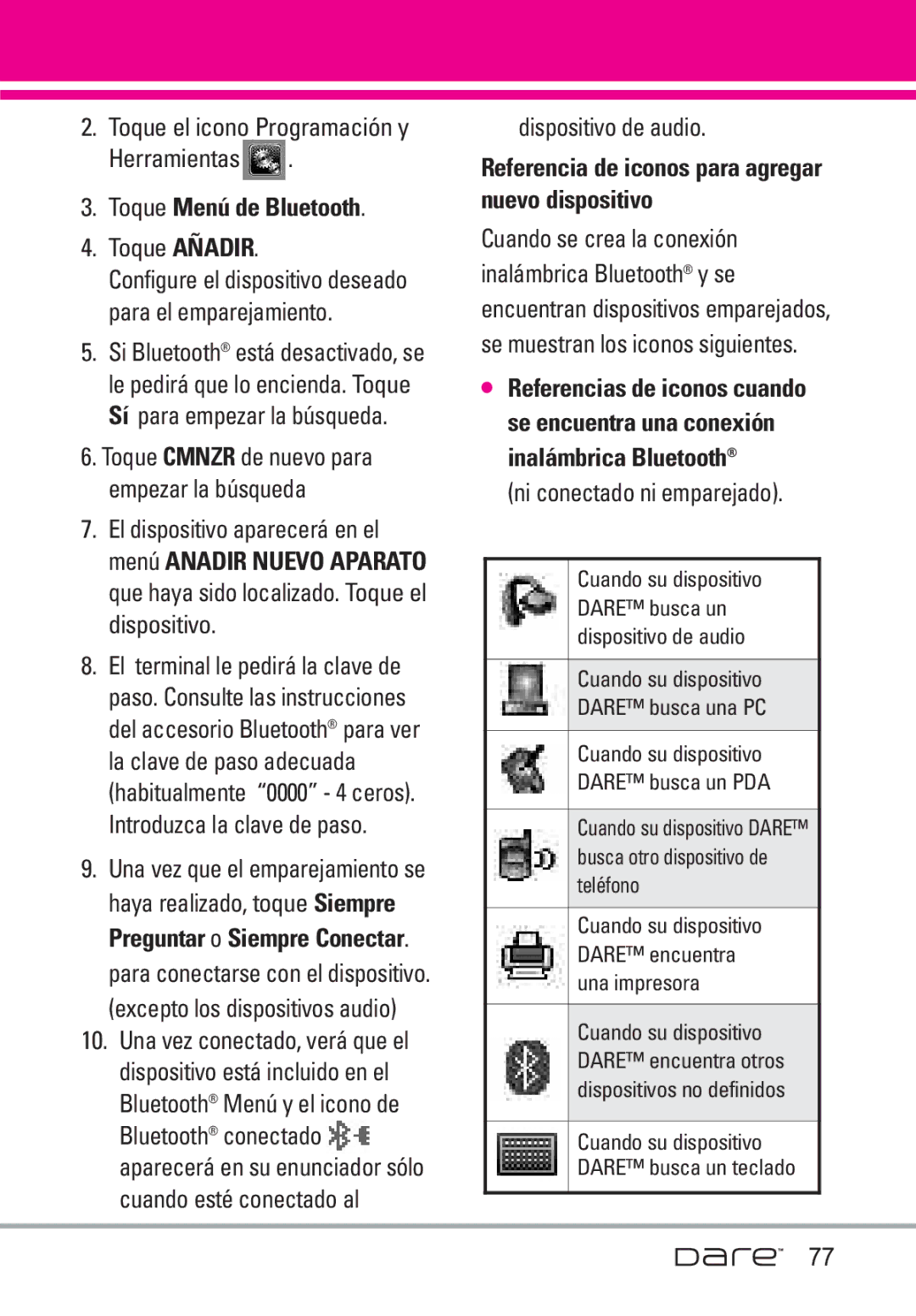 LG Electronics Dare manual Toque Menú de Bluetooth, Bluetooth Menú y el icono de, Dispositivo de audio 