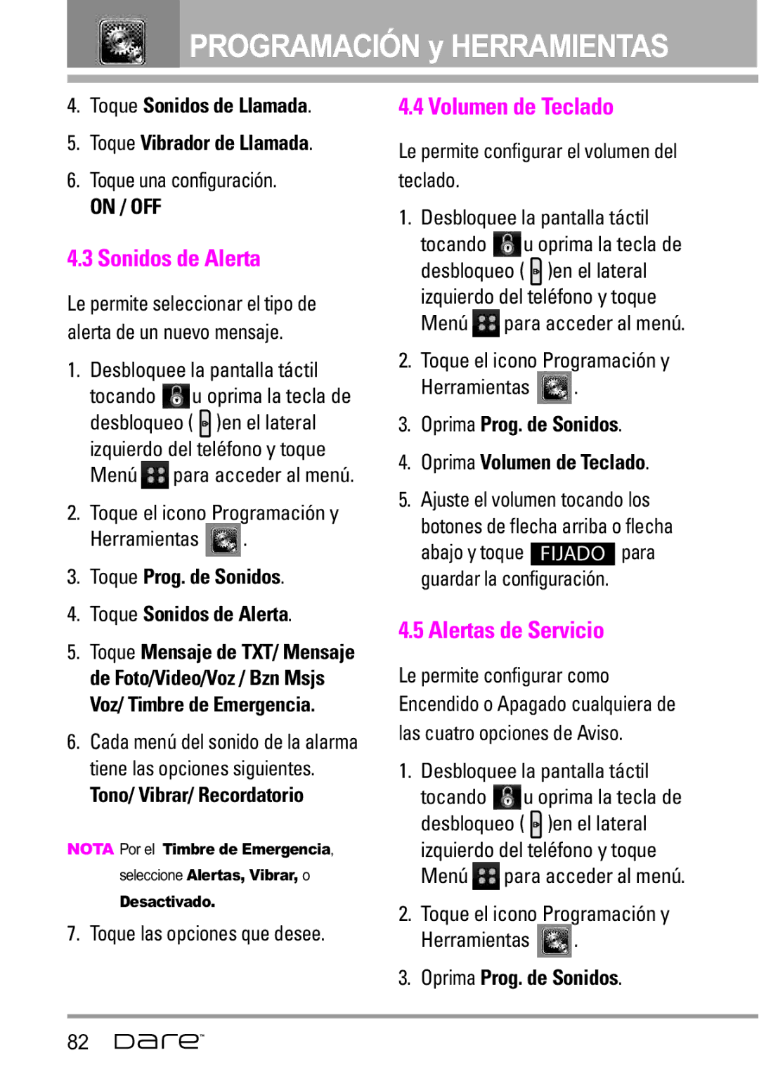 LG Electronics Dare manual Sonidos de Alerta, Volumen de Teclado, Alertas de Servicio 