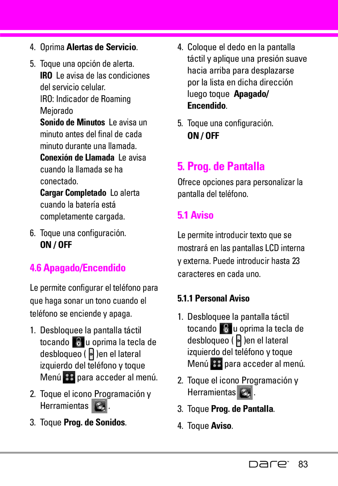 LG Electronics Dare manual Prog. de Pantalla, Apagado/Encendido, Aviso 