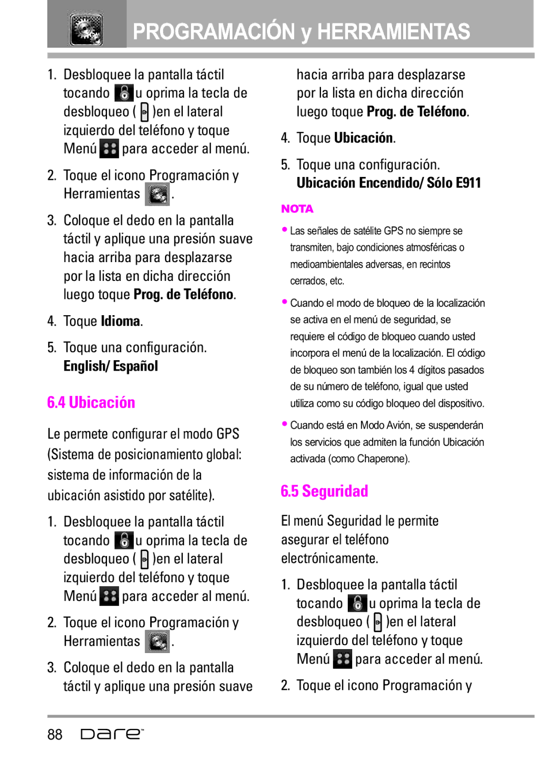 LG Electronics Dare manual Seguridad, Toque Ubicación, Ubicación Encendido/ Sólo E911 