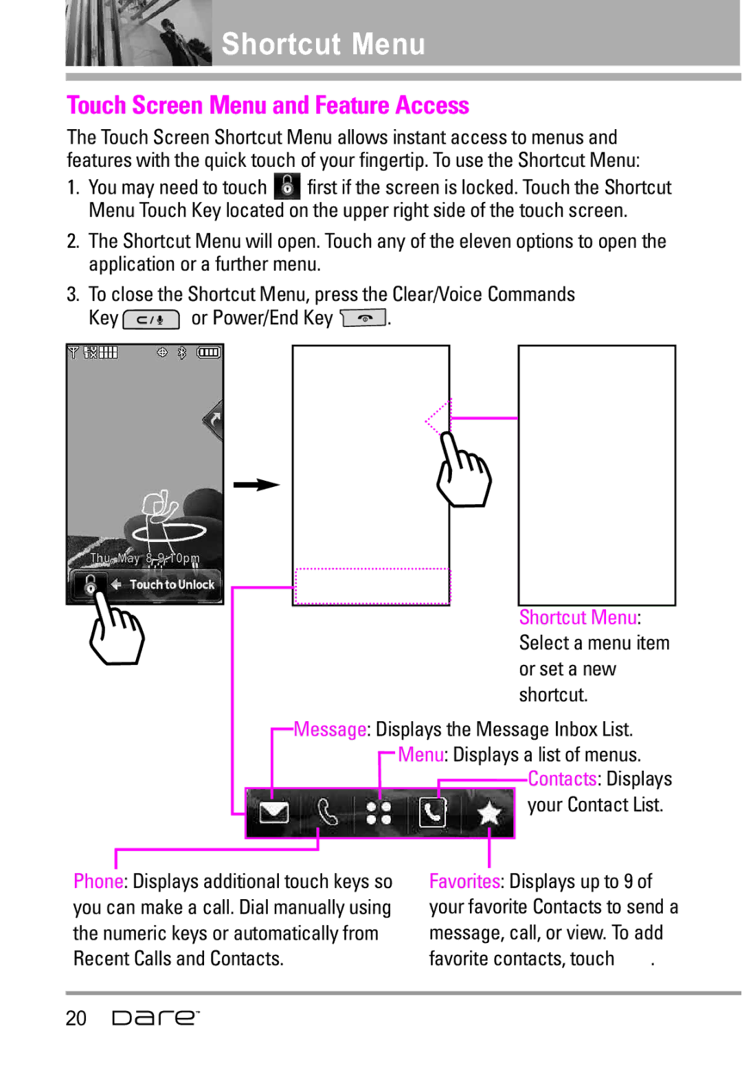 LG Electronics Dare manual Shortcut Menu, Touch Screen Menu and Feature Access 