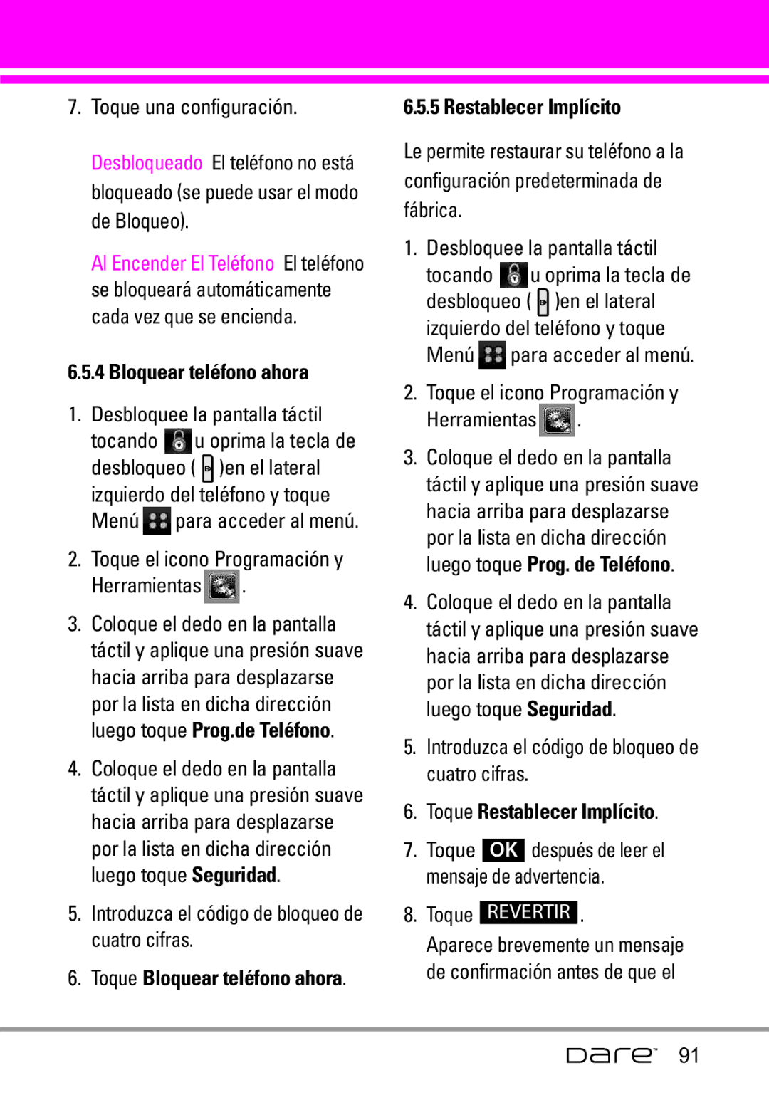 LG Electronics Dare manual Toque una configuración, Bloquear teléfono ahora, Toque Restablecer Implícito 