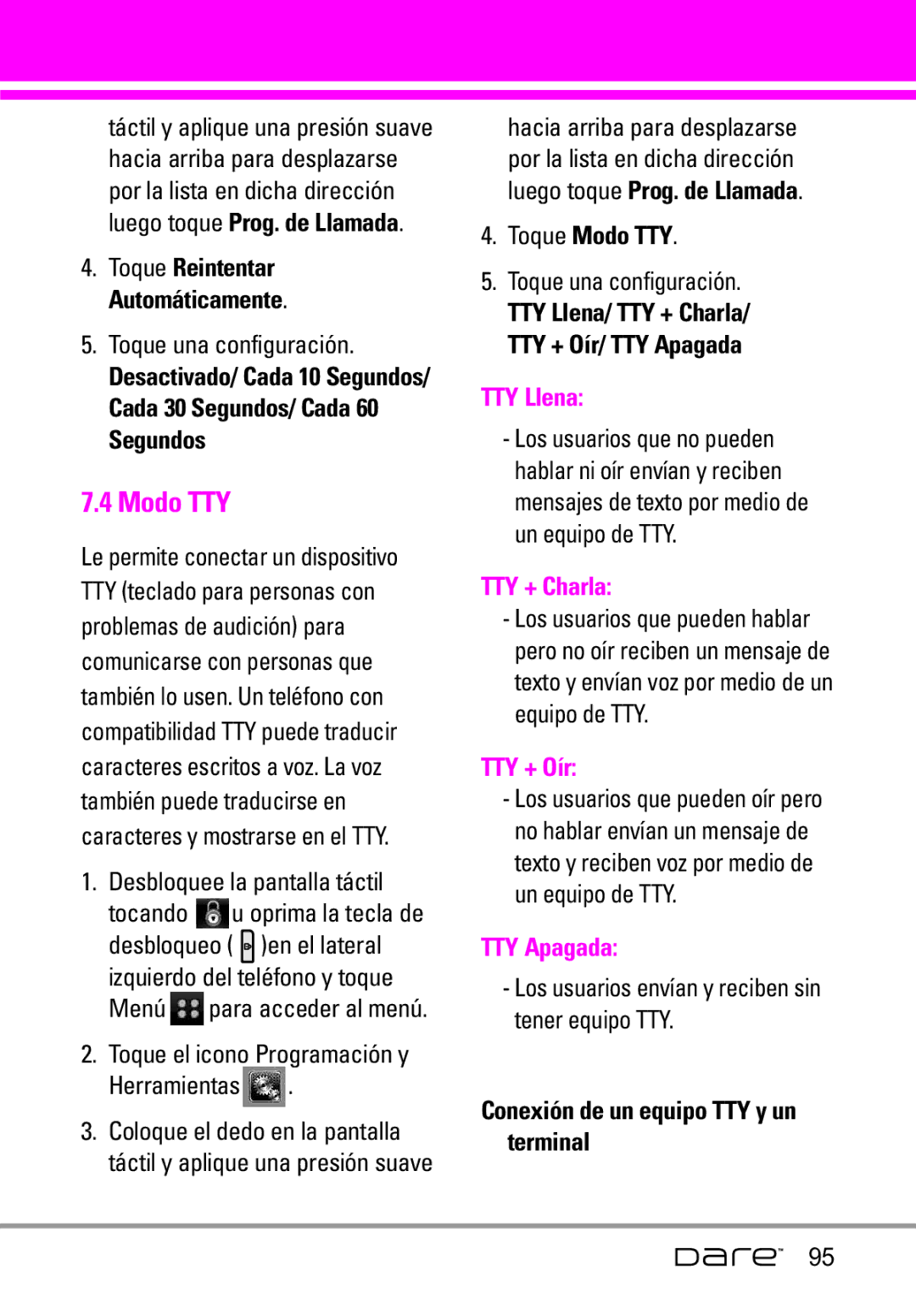 LG Electronics Dare manual Toque Modo TTY, Conexión de un equipo TTY y un terminal 