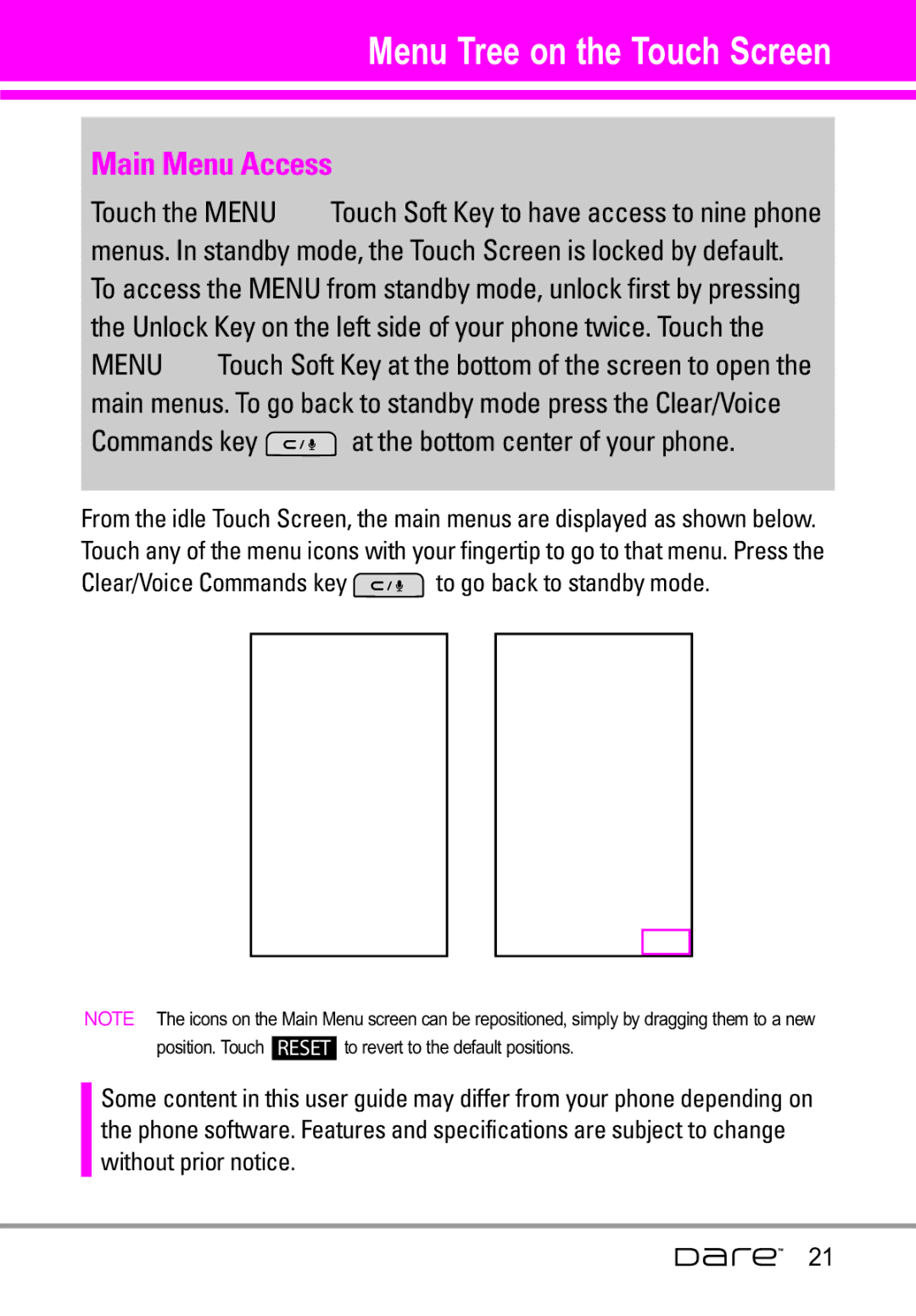 LG Electronics Dare manual Menu Tree on the Touch Screen, Main Menu Access 