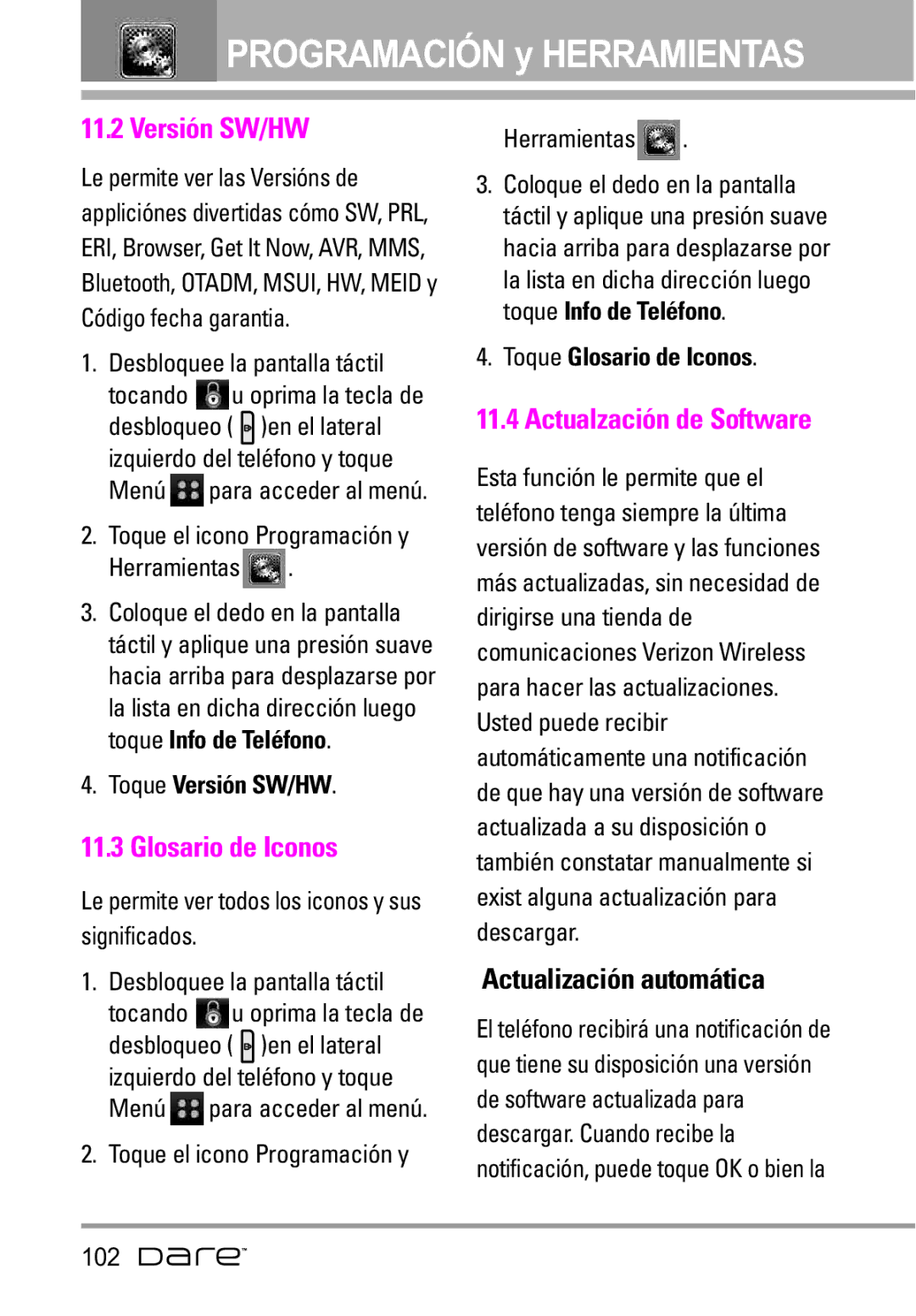 LG Electronics Dare manual Actualzación de Software, Toque Versión SW/HW, Toque Glosario de Iconos 