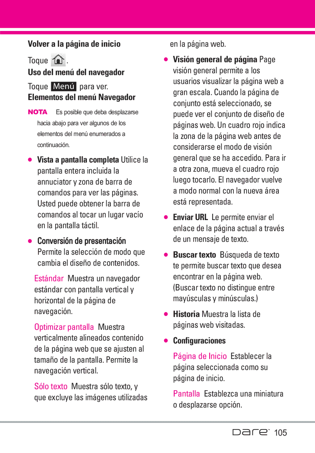 LG Electronics Dare manual Volver a la página de inicio, Uso del menú del navegador, Toque Menú para ver, En la página web 