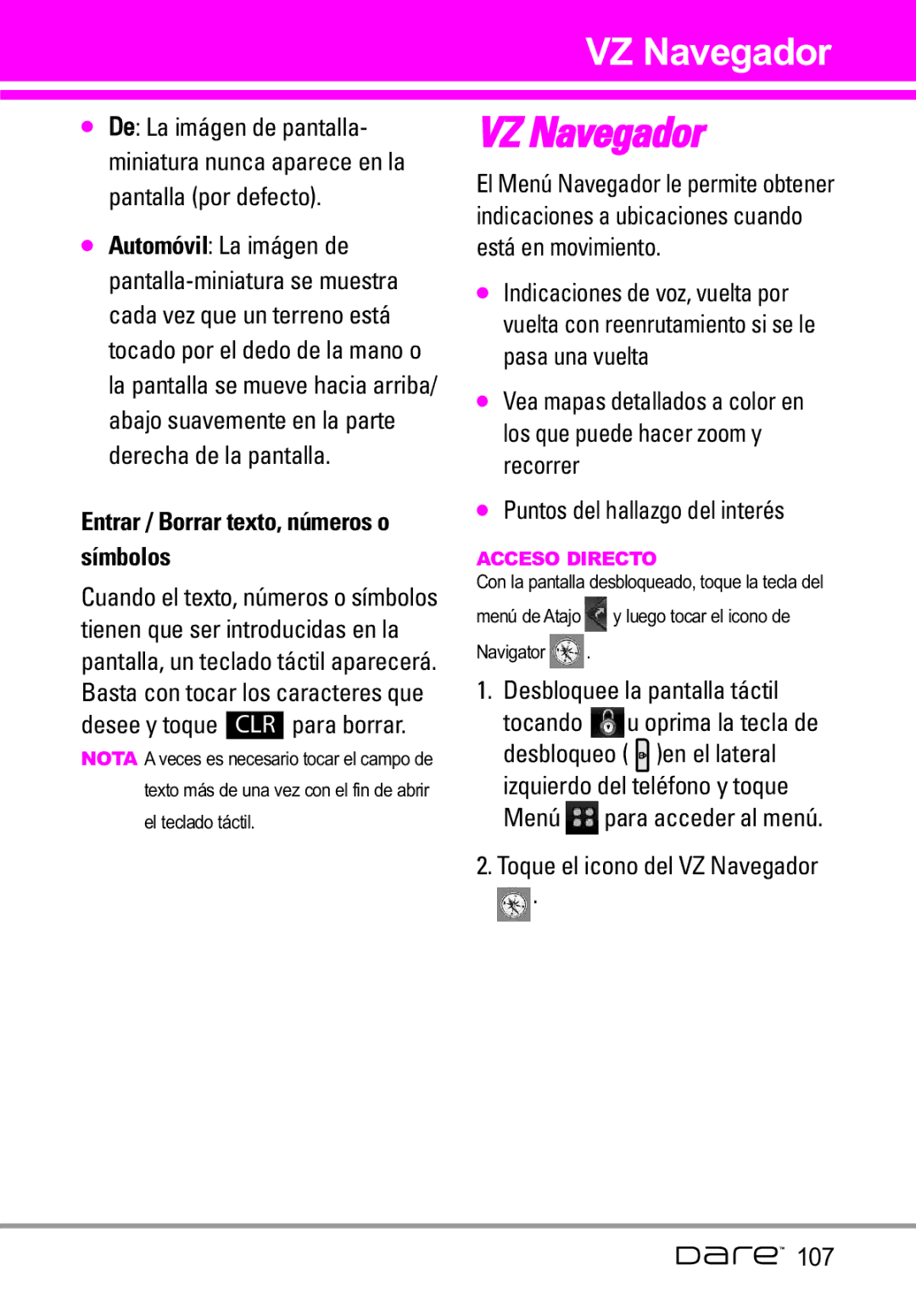 LG Electronics Dare manual Entrar / Borrar texto, números o símbolos, Toque el icono del VZ Navegador 107 