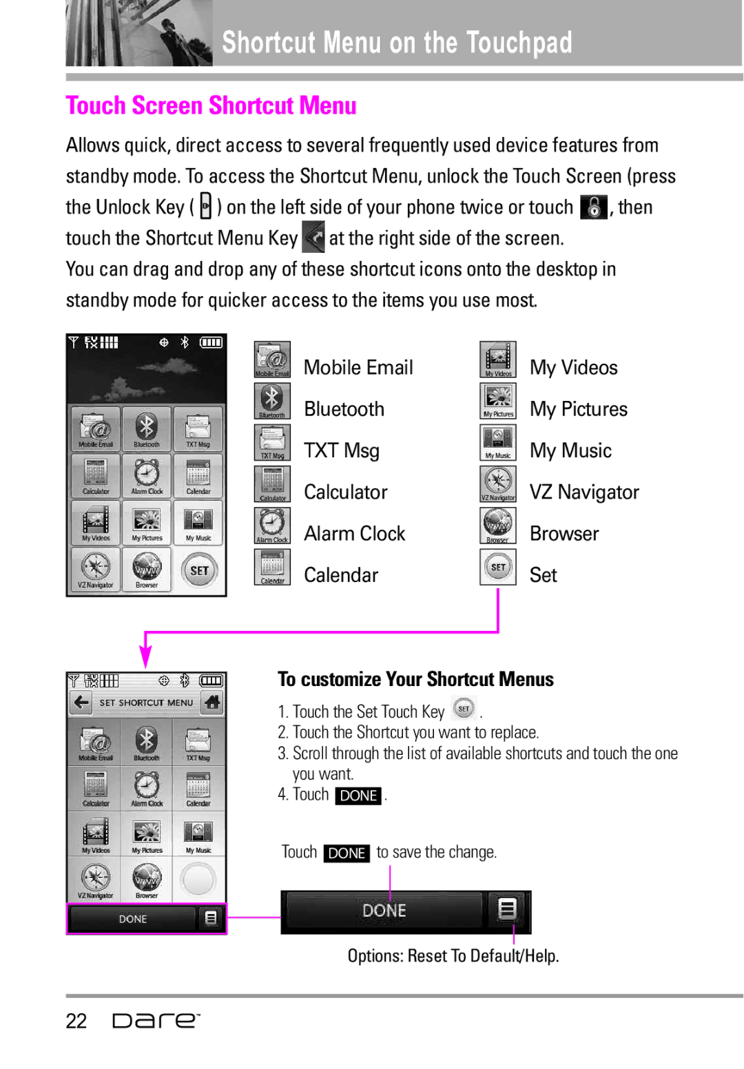 LG Electronics Dare manual Shortcut Menu on the Touchpad, Touch Screen Shortcut Menu, Alarm Clock Browser Calendar Set 