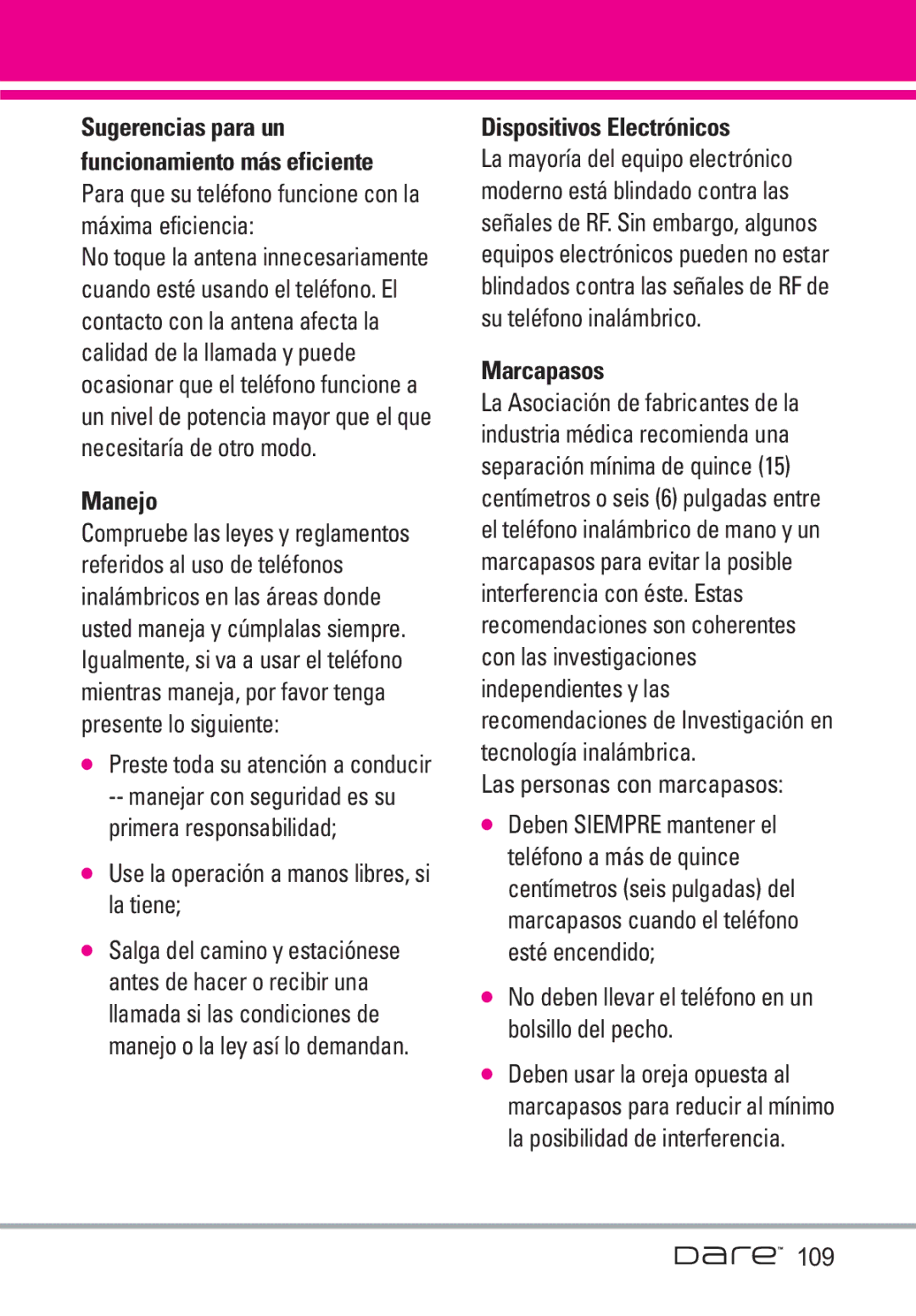 LG Electronics Dare manual Manejo, Dispositivos Electrónicos, Marcapasos 