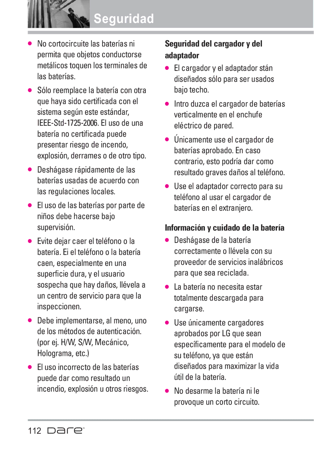 LG Electronics Dare manual Seguridad del cargador y del adaptador, Información y cuidado de la batería 