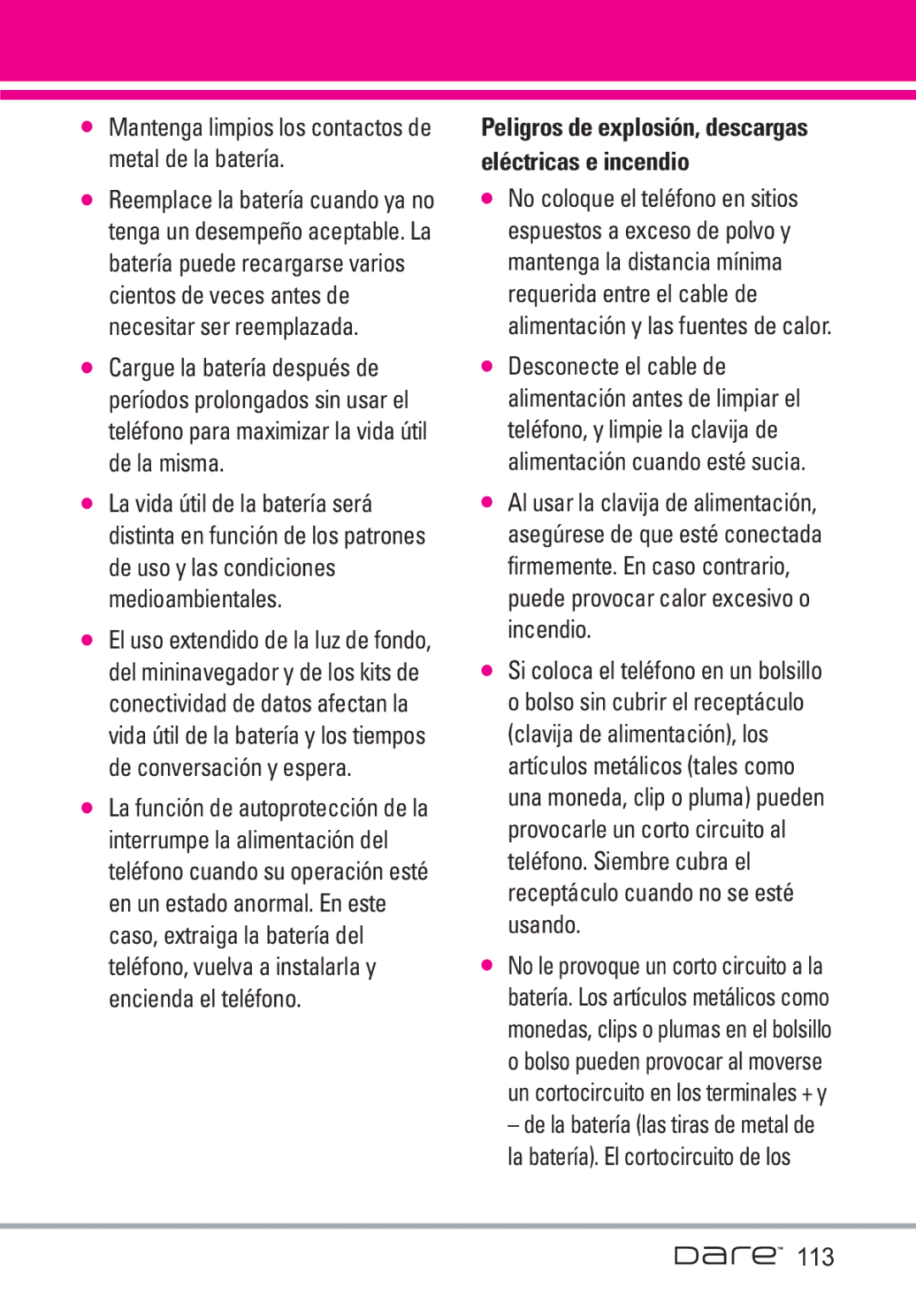 LG Electronics Dare manual Mantenga limpios los contactos de metal de la batería 