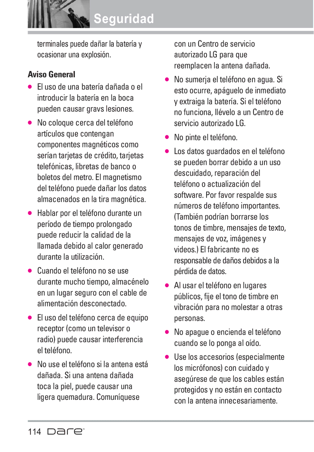 LG Electronics Dare manual Aviso General, No pinte el teléfono 