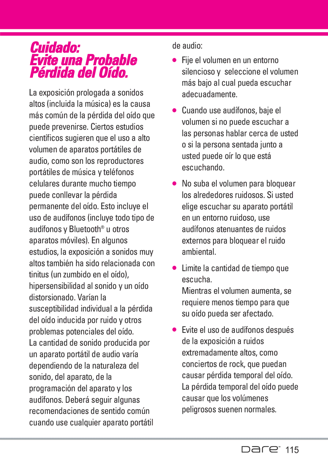 LG Electronics Dare manual De audio, Limite la cantidad de tiempo que escucha 