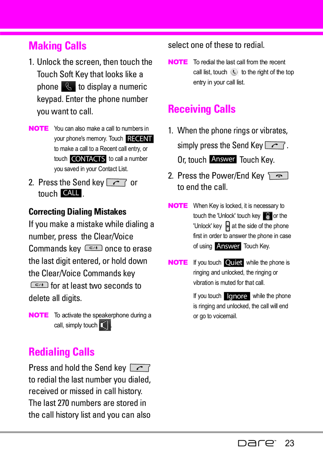 LG Electronics Dare manual Making Calls, Receiving Calls, Redialing Calls, Correcting Dialing Mistakes 