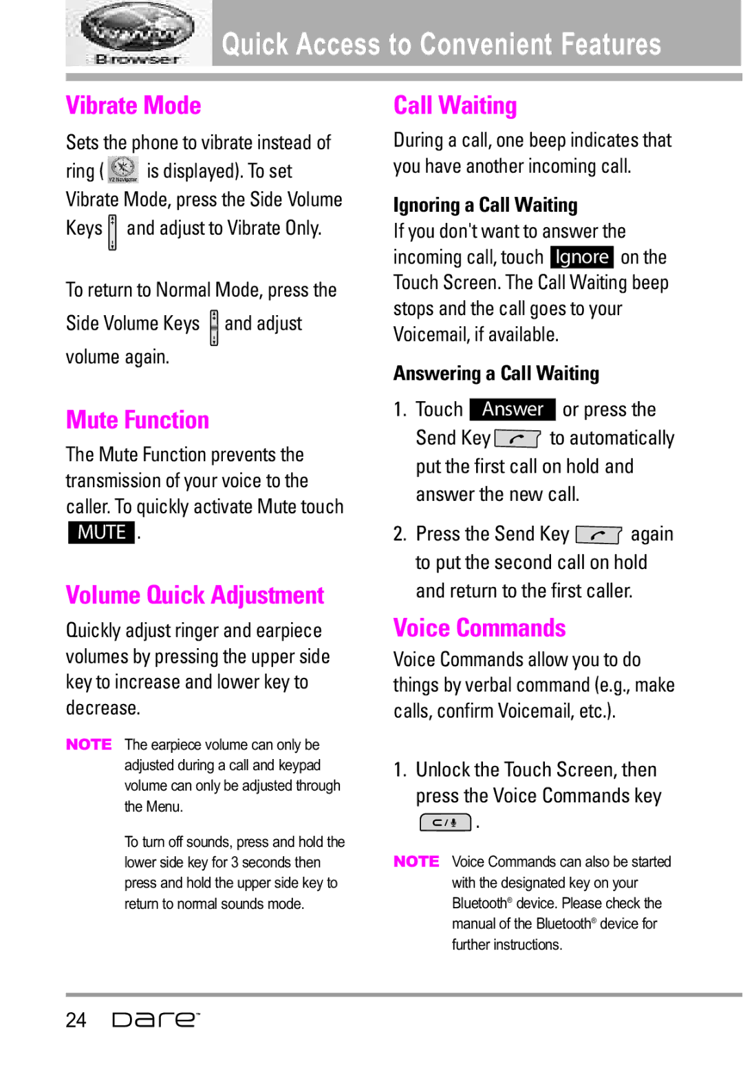 LG Electronics Dare manual Vibrate Mode, Mute Function, Volume Quick Adjustment, Call Waiting, Voice Commands 