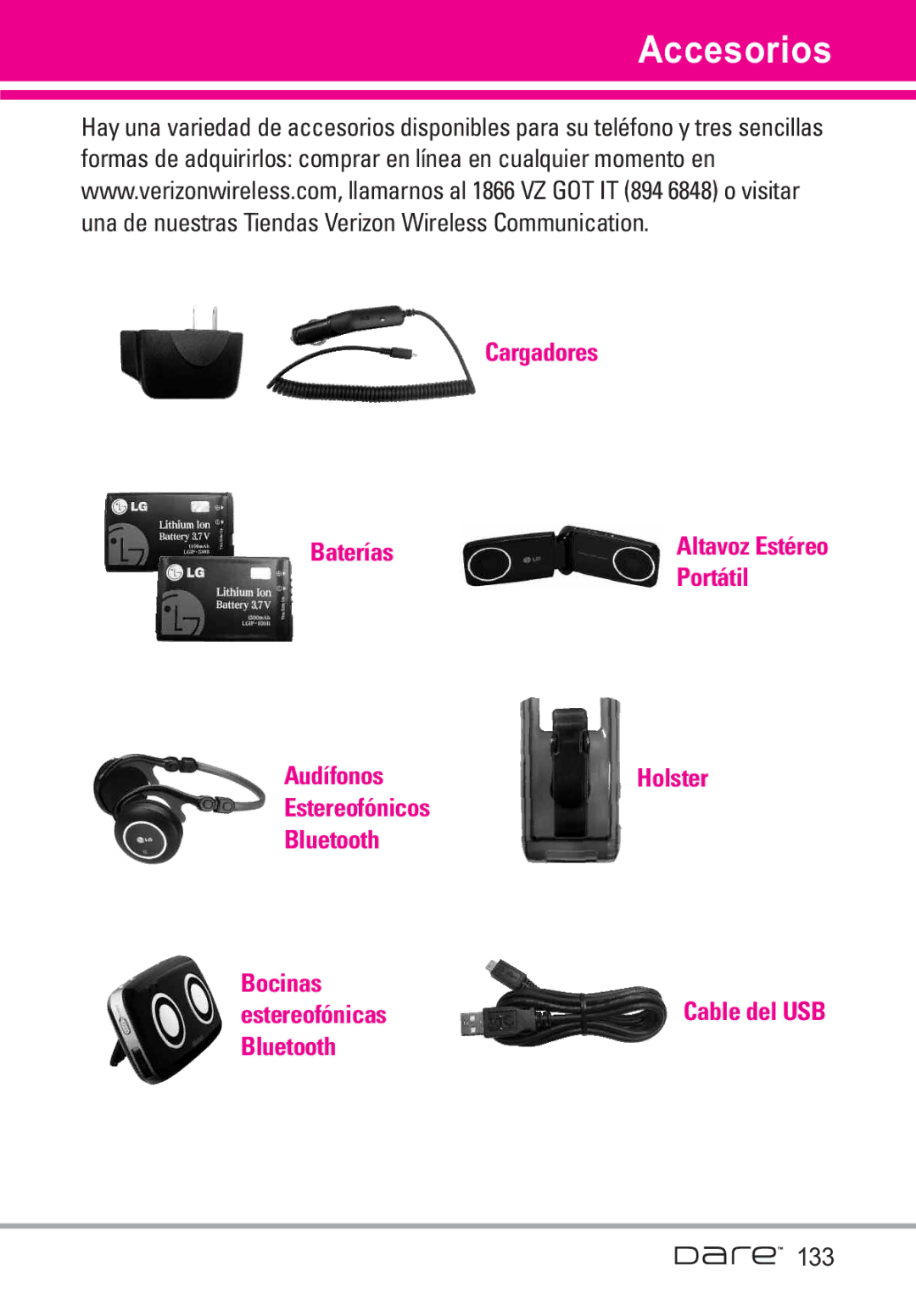 LG Electronics Dare manual Accesorios, 133 