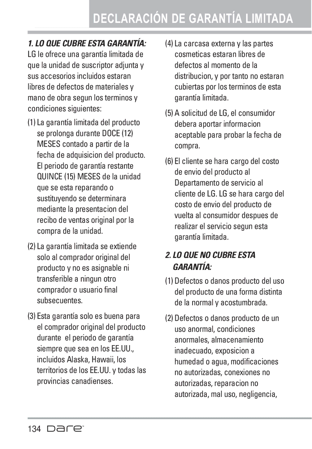 LG Electronics Dare manual Declaración DE Garantía Limitada, 134 