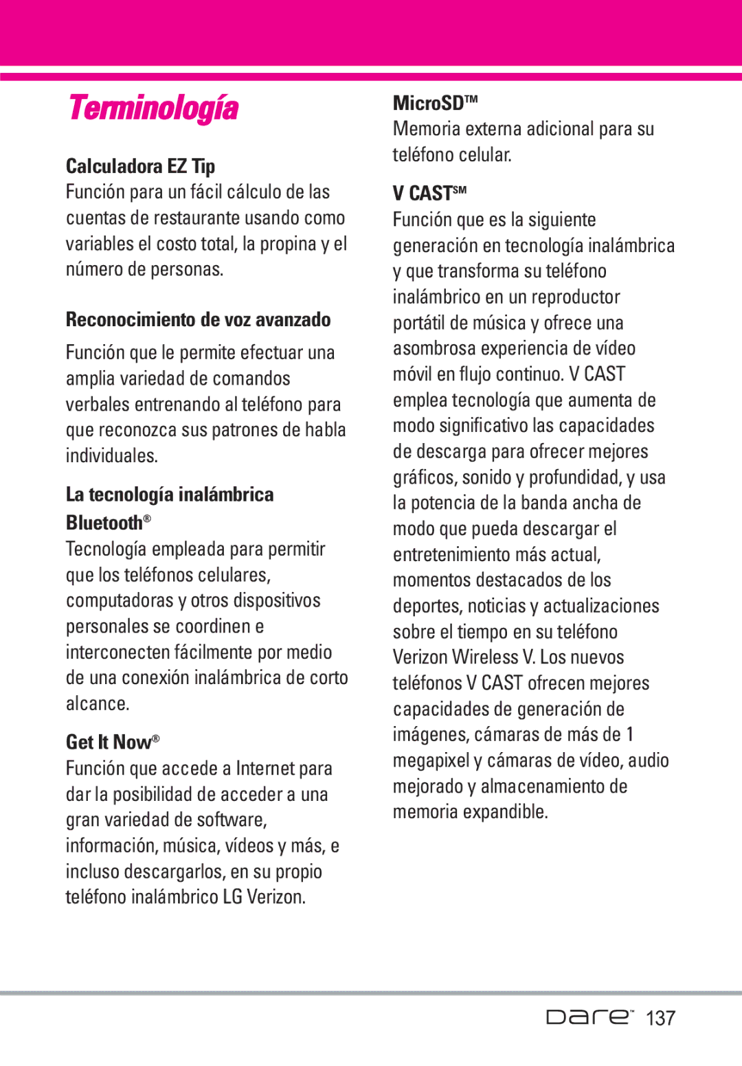 LG Electronics Dare manual Calculadora EZ Tip, La tecnología inalámbrica Bluetooth, Get It Now, 137 