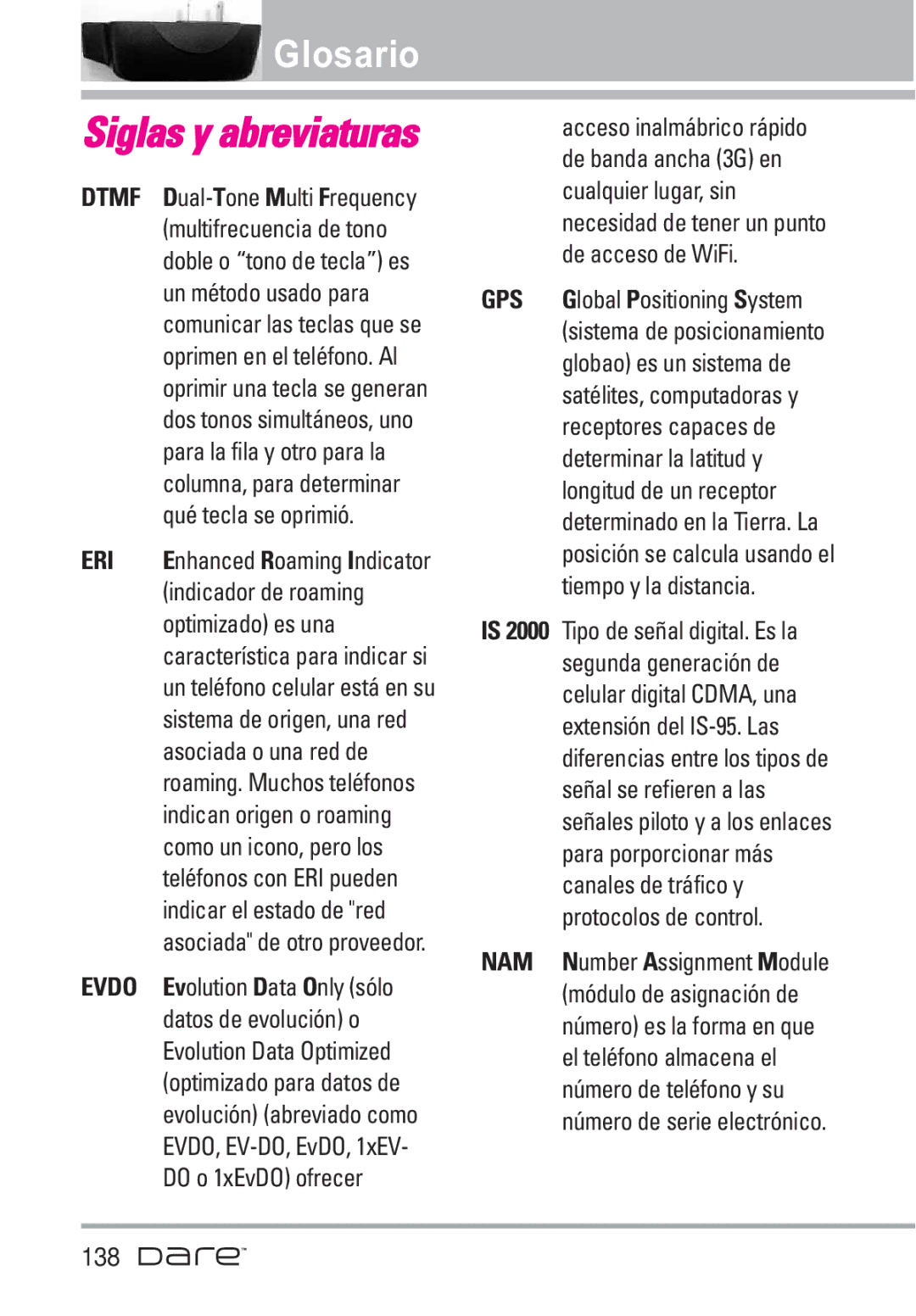 LG Electronics Dare manual Glosario 