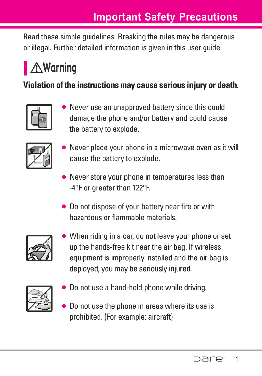 LG Electronics Dare manual Important Safety Precautions, When riding in a car, do not leave your phone or set 