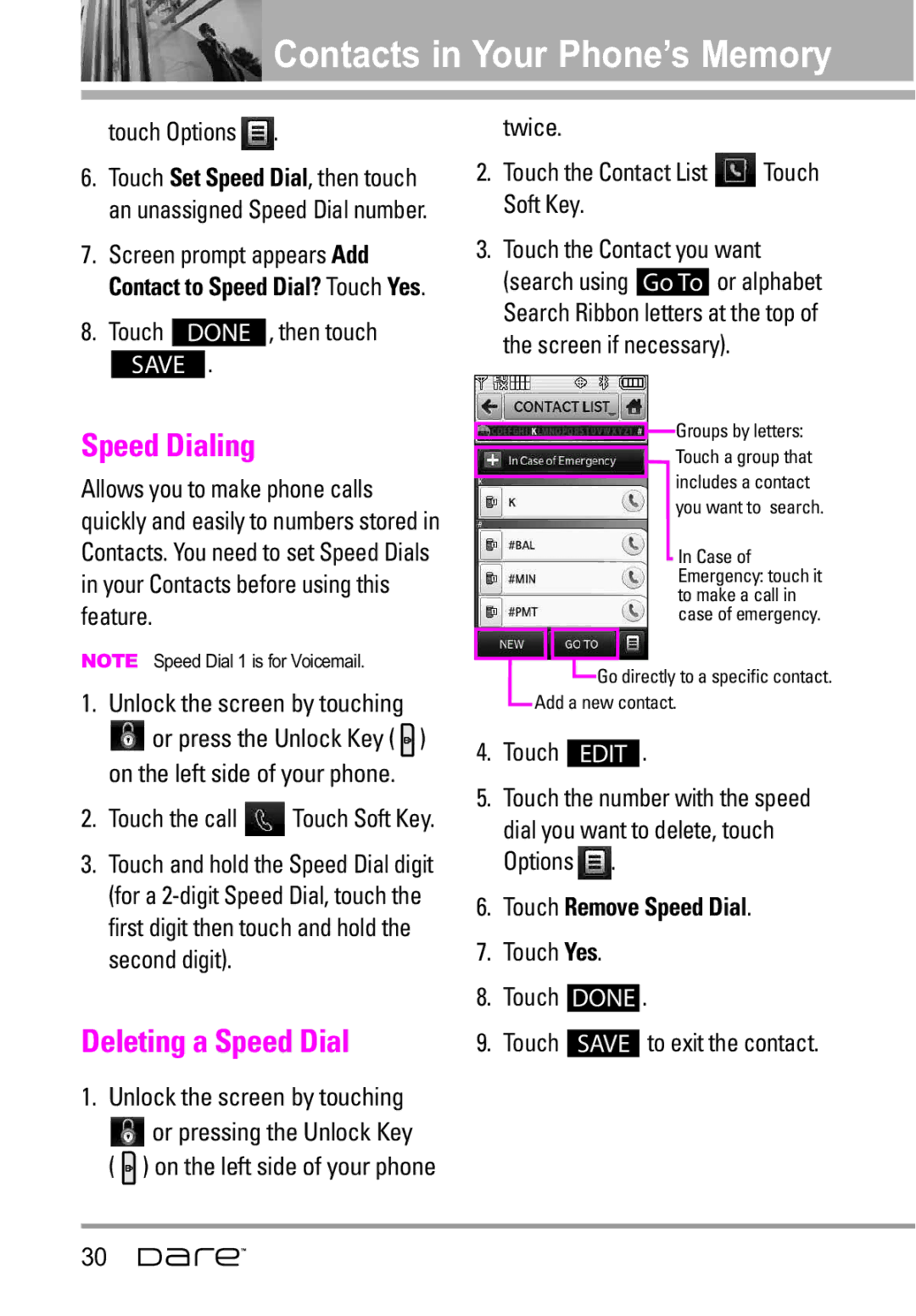 LG Electronics Dare manual Speed Dialing, Deleting a Speed Dial, Touch Remove Speed Dial 