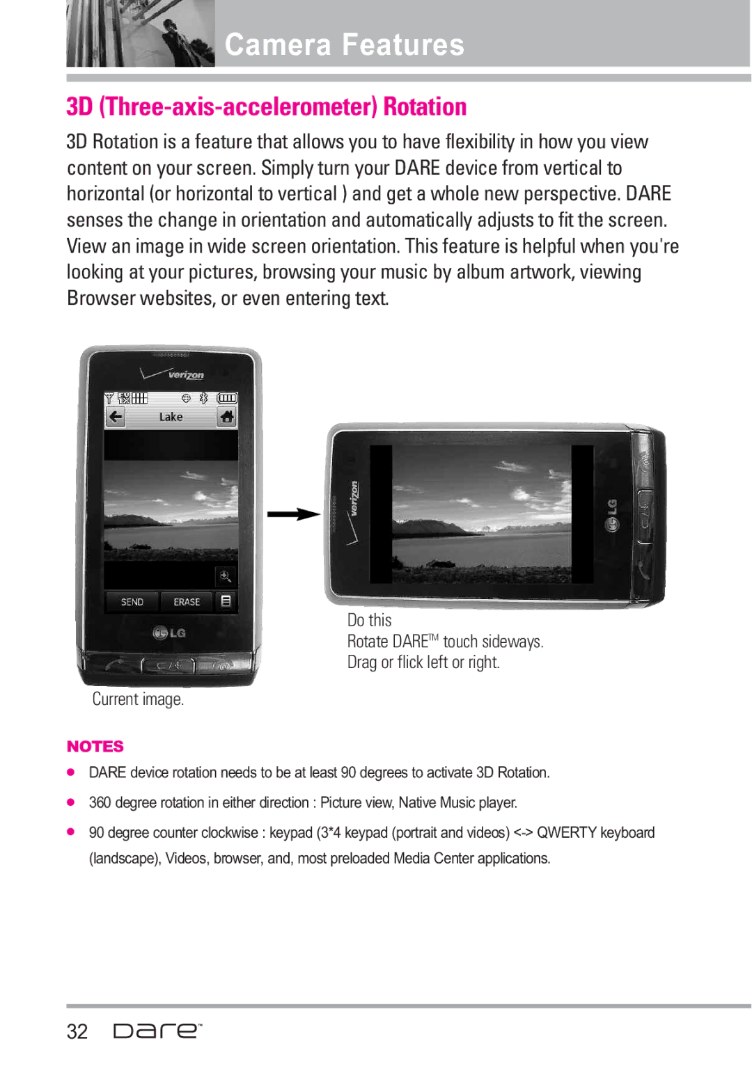 LG Electronics Dare manual Camera Features, 3D Three-axis-accelerometer Rotation 