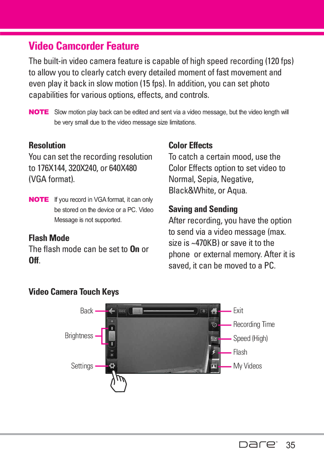 LG Electronics Dare Video Camcorder Feature, Flash Mode, Off Video Camera Touch Keys, Color Effects, Saving and Sending 