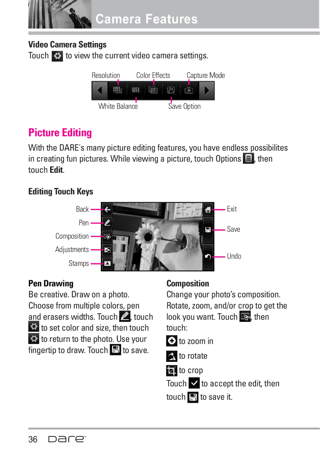 LG Electronics Dare manual Picture Editing, Video Camera Settings, Editing Touch Keys, Pen Drawing, Composition 