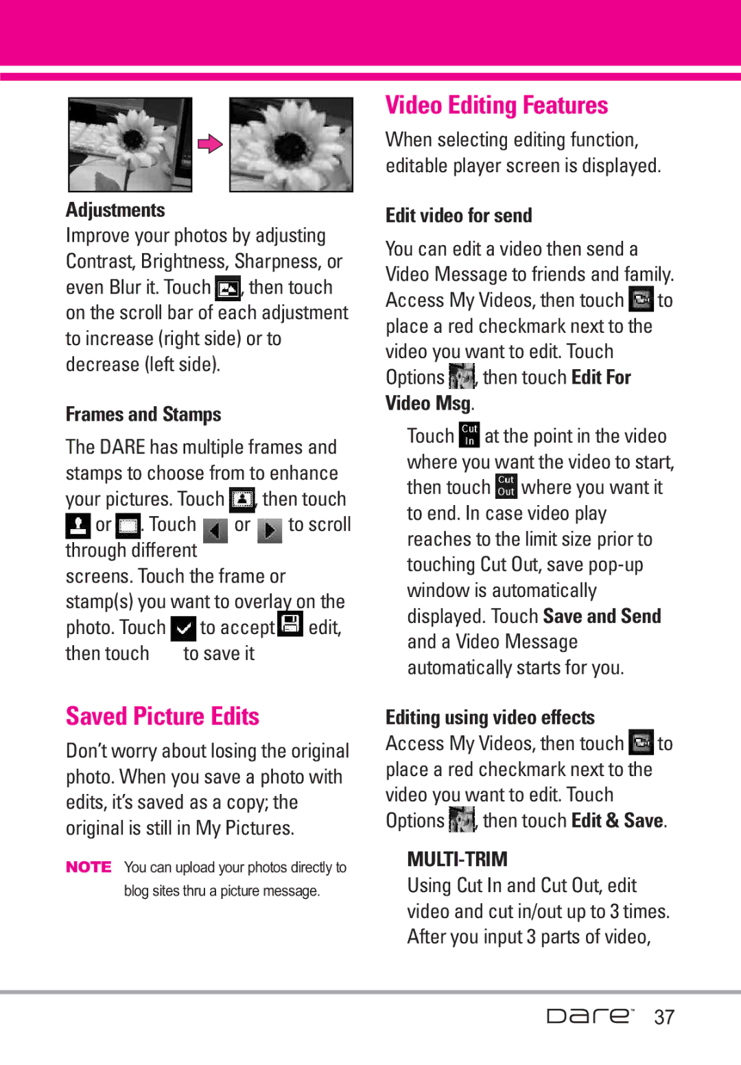LG Electronics Dare manual Saved Picture Edits, Video Editing Features 