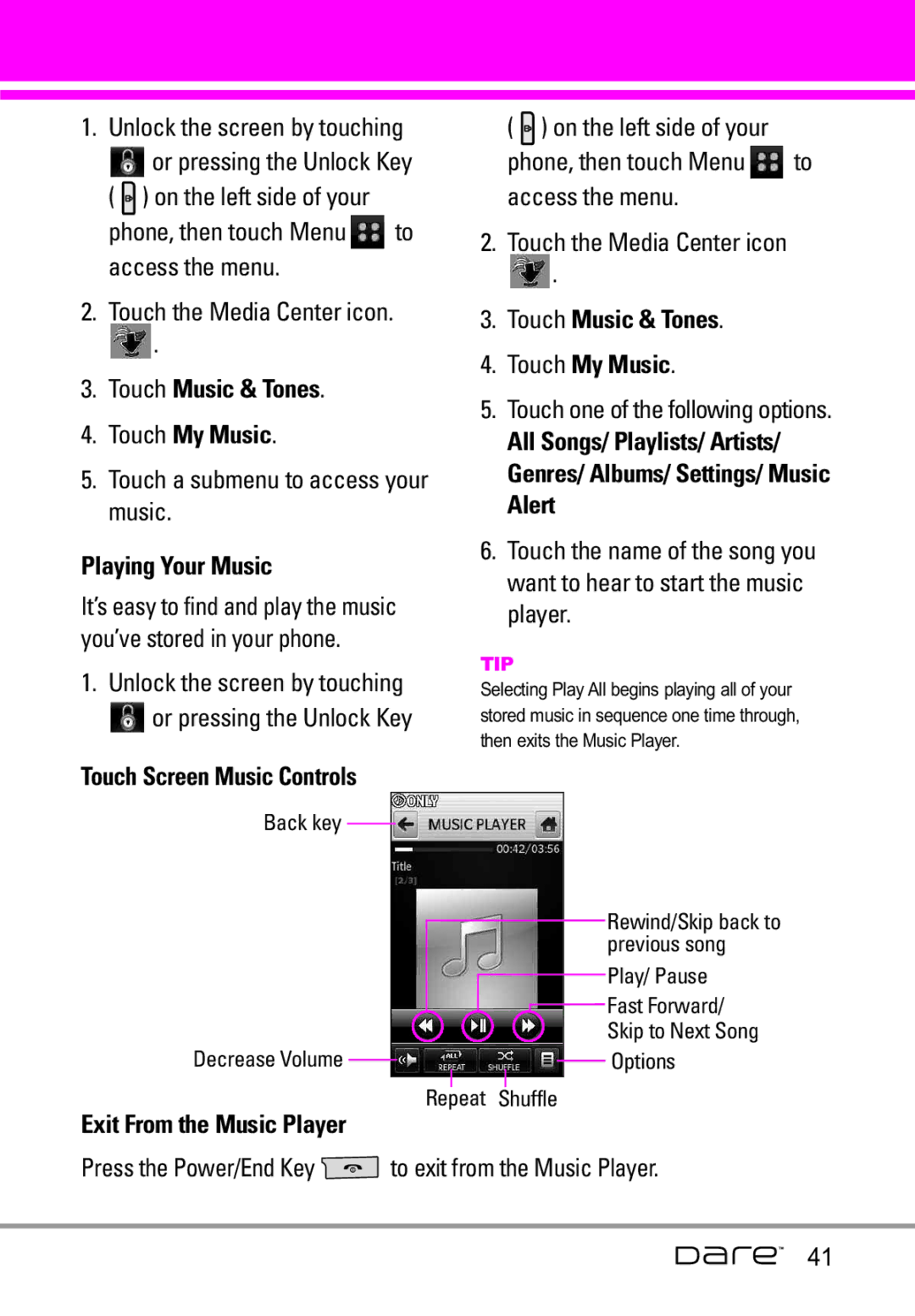 LG Electronics Dare manual Touch Music & Tones Touch My Music, Playing Your Music, Exit From the Music Player 