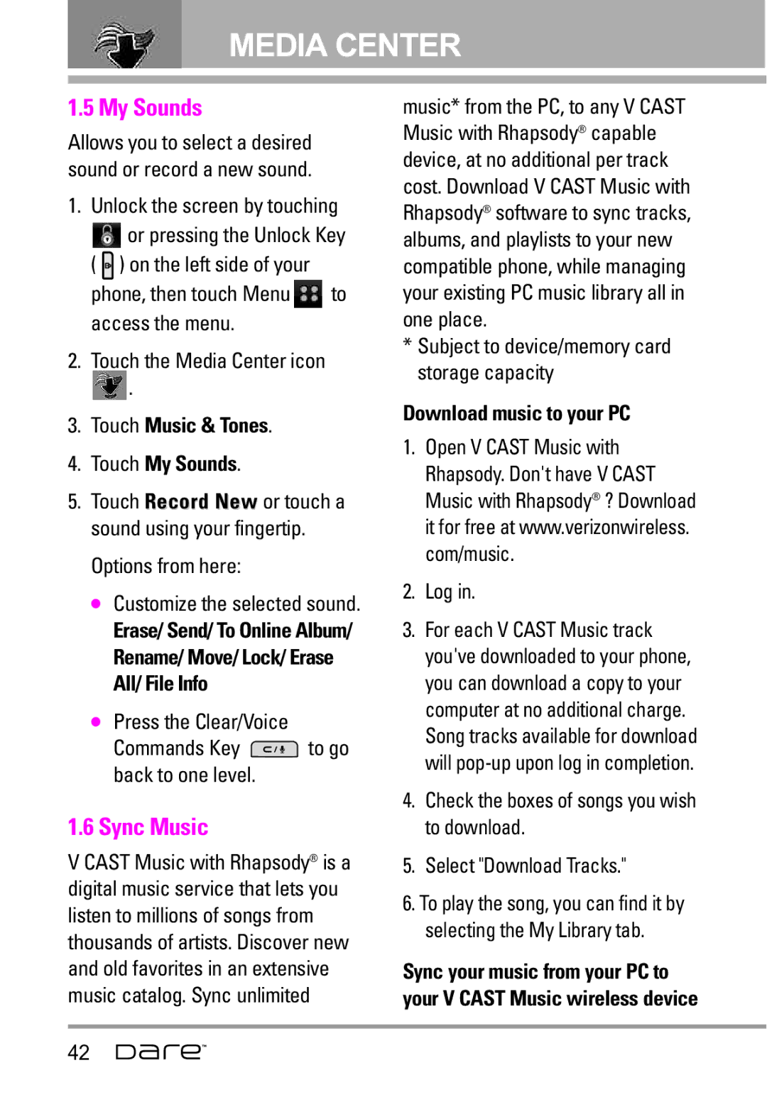 LG Electronics Dare manual Sync Music, Touch Music & Tones Touch My Sounds, Download music to your PC 