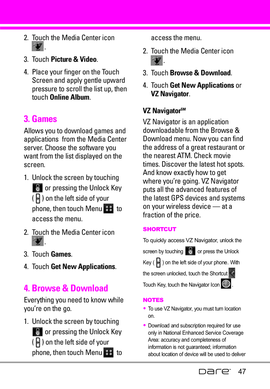 LG Electronics Dare manual Games, Touch Browse & Download, VZ NavigatorSM 