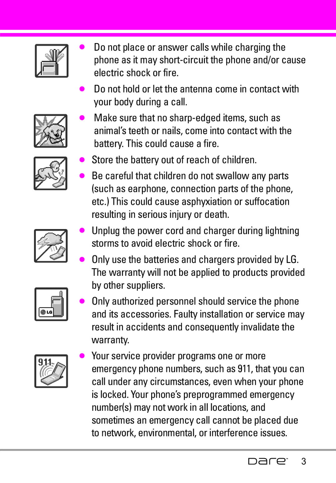 LG Electronics Dare manual Store the battery out of reach of children 