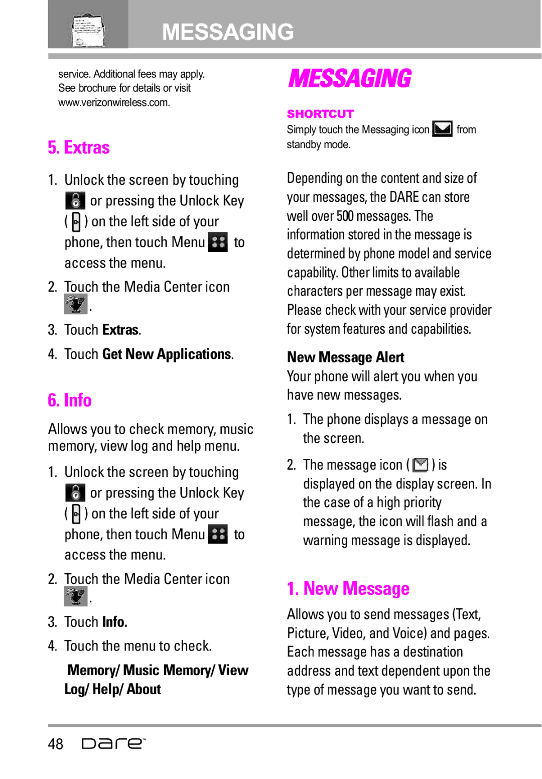 LG Electronics Dare manual Extras, Info, New Message Alert, Phone displays a message on the screen 