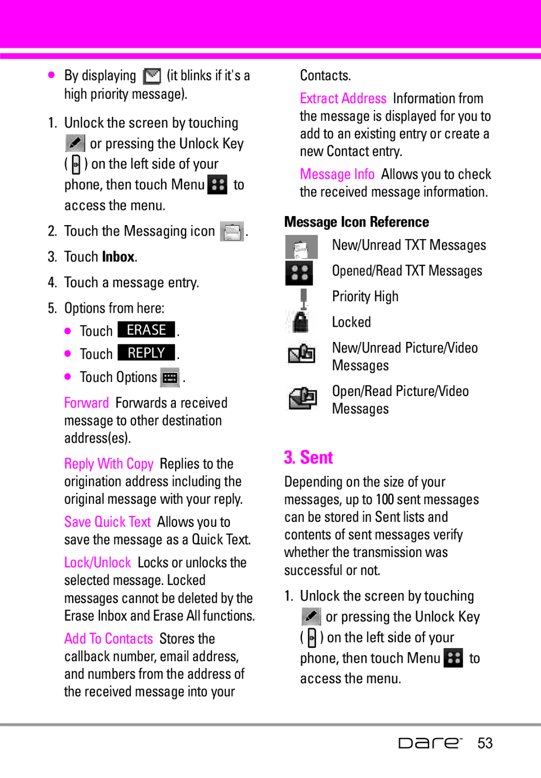 LG Electronics Dare manual Sent, Contacts, Message Icon Reference 