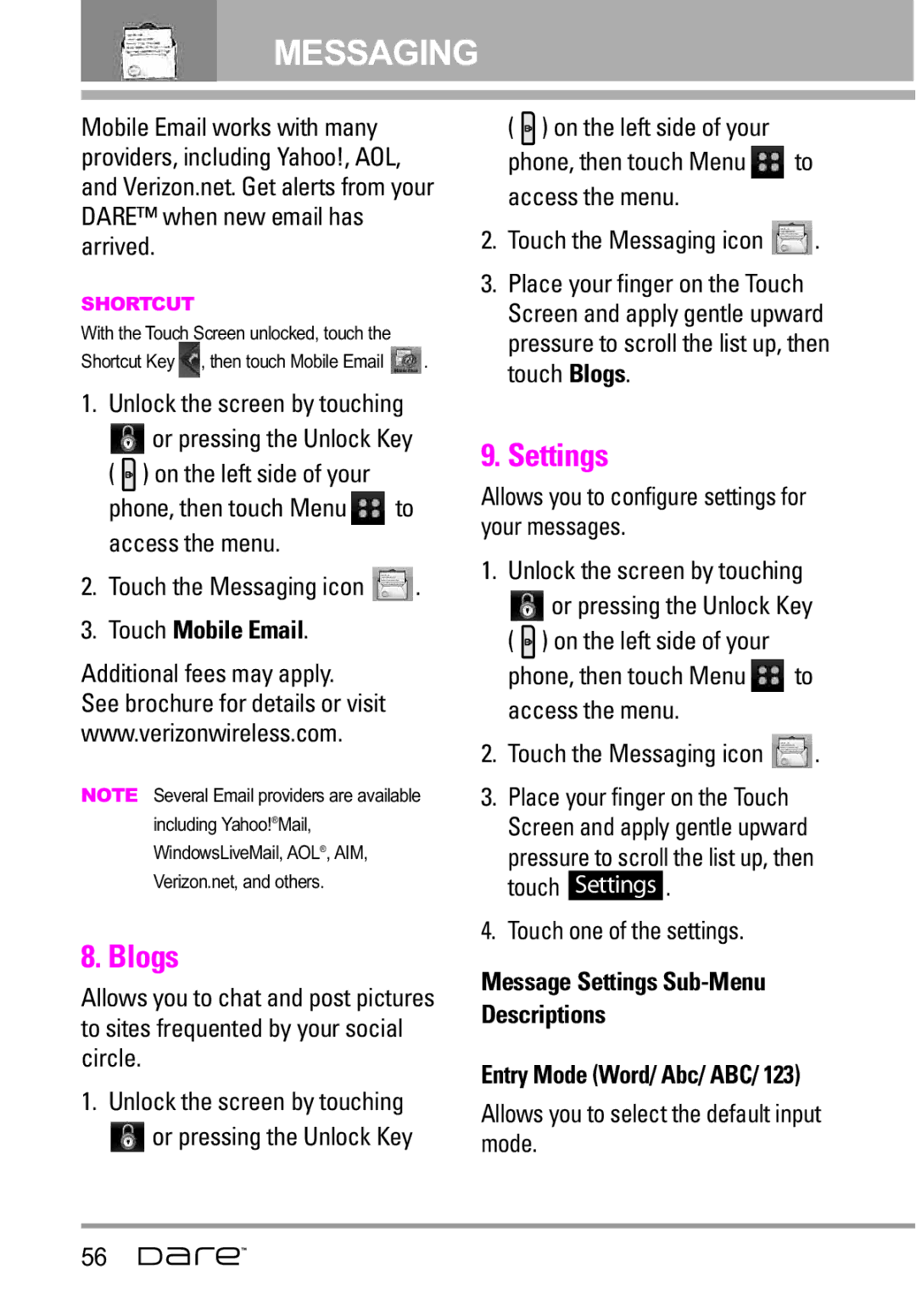 LG Electronics Dare manual Blogs, Settings, Touch Mobile Email, Entry Mode Word/ Abc/ ABC 