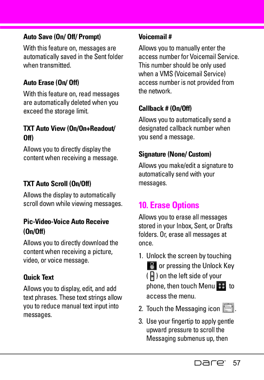 LG Electronics Dare manual Erase Options 