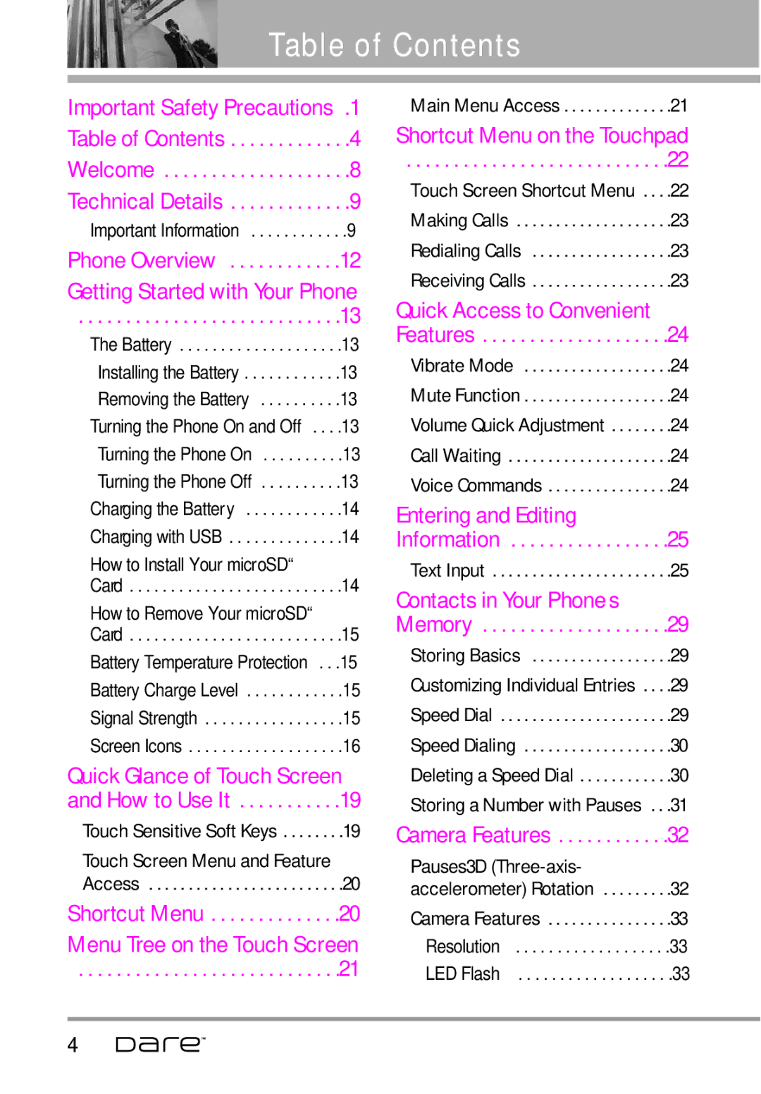 LG Electronics Dare manual Table of Contents 