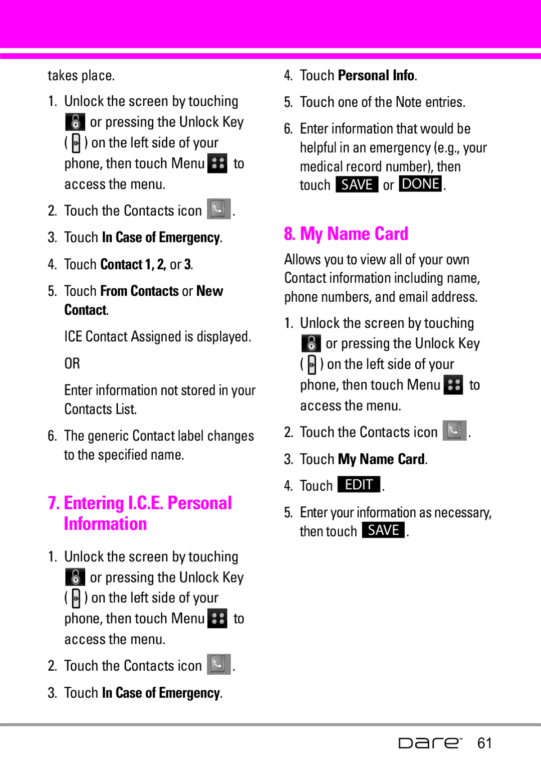 LG Electronics Dare Entering I.C.E. Personal Information, My Name Card, Touch In Case of Emergency Touch Personal Info 