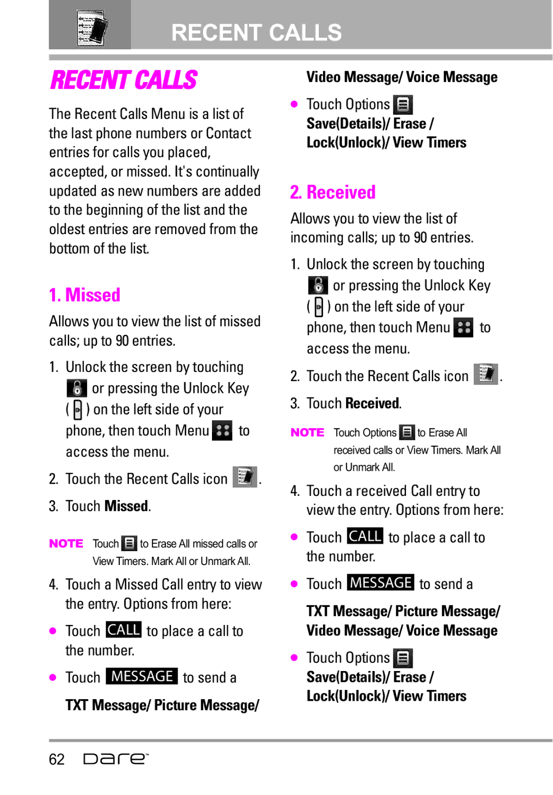 LG Electronics Dare manual Touch Missed, Touch Received, Video Message/ Voice Message 