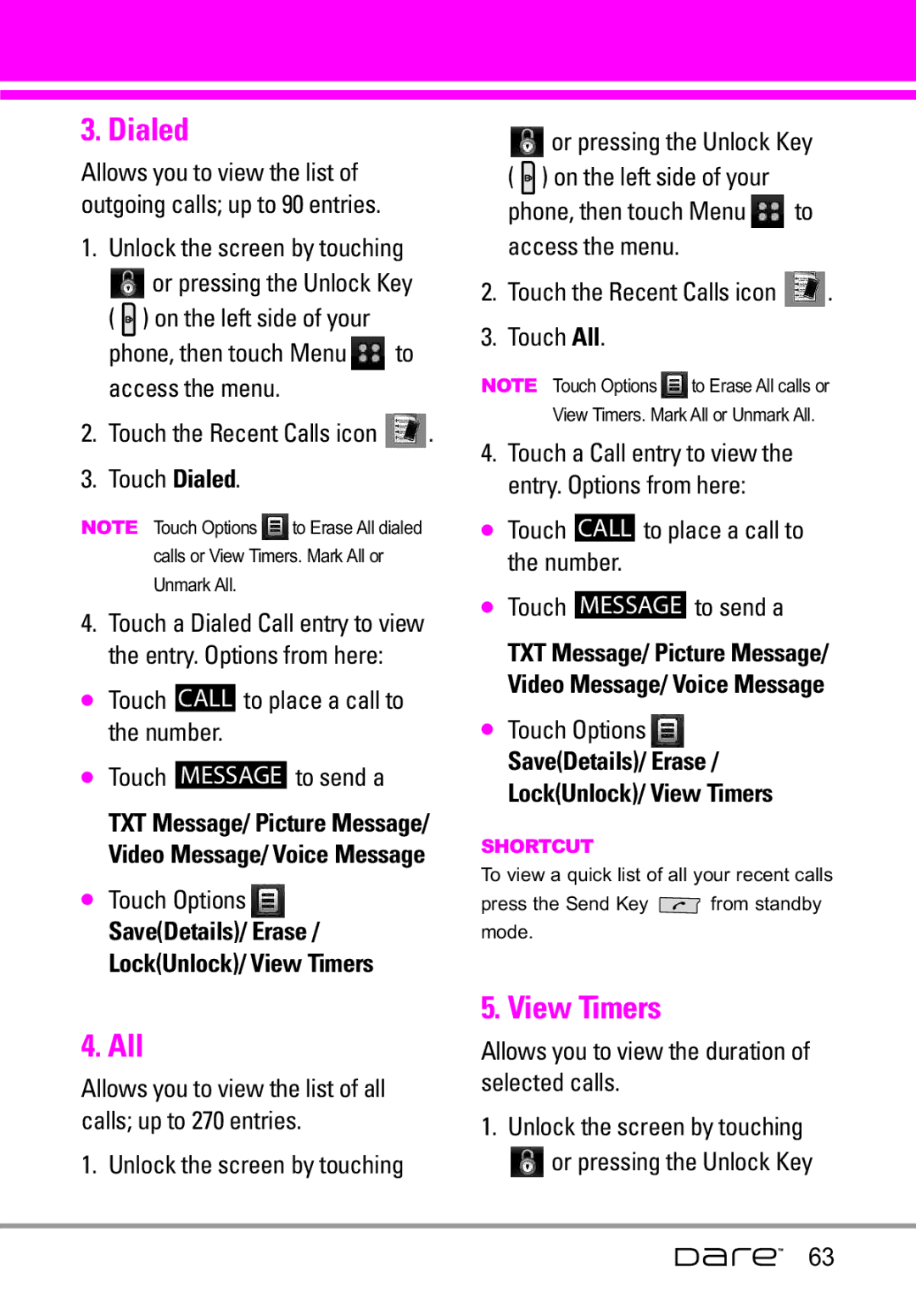 LG Electronics Dare manual All, View Timers, Touch Dialed 