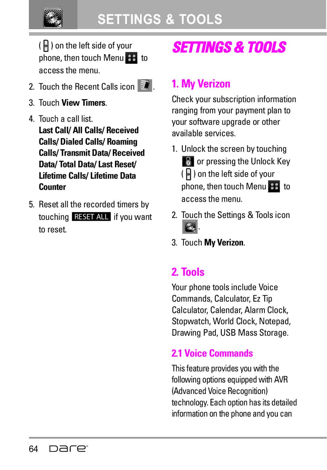 LG Electronics Dare manual Tools, Voice Commands, Touch View Timers, Touch My Verizon 