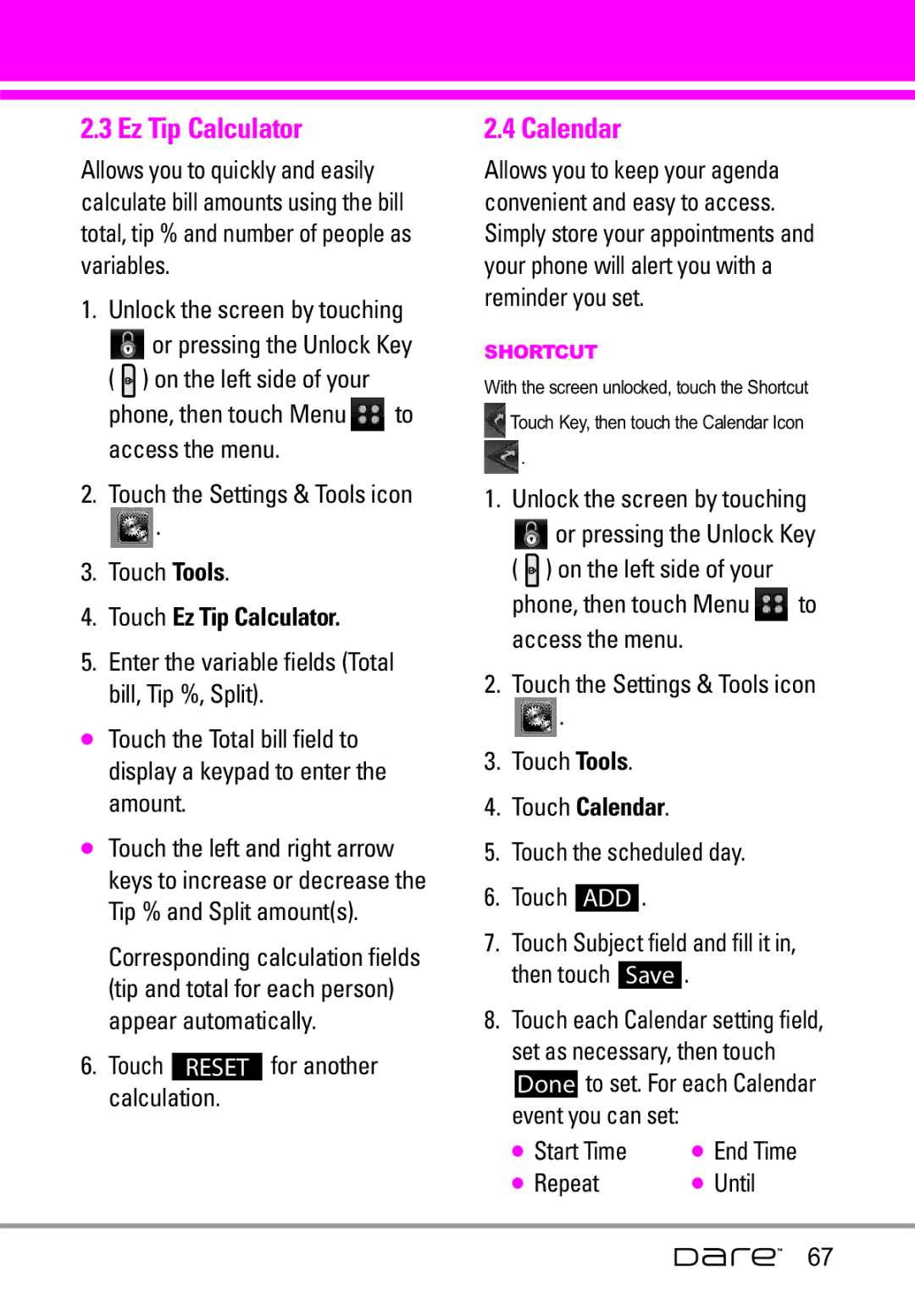 LG Electronics Dare manual Touch Ez Tip Calculator, Touch Calendar 