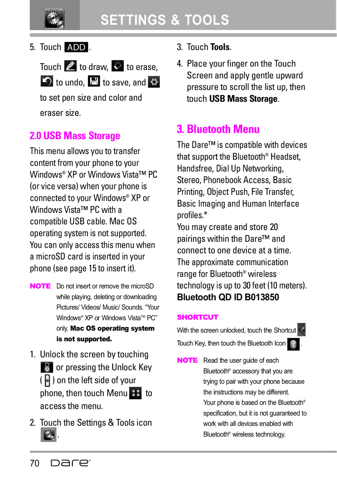 LG Electronics Dare manual Bluetooth Menu, USB Mass Storage 