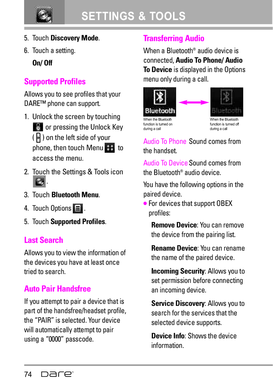 LG Electronics Dare manual Supported Profiles, Last Search, Auto Pair Handsfree, Transferring Audio 