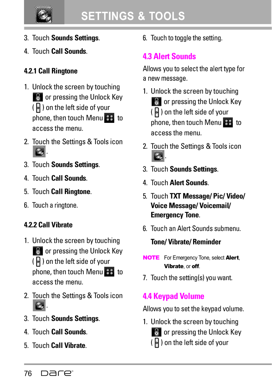 LG Electronics Dare manual Alert Sounds, Keypad Volume 