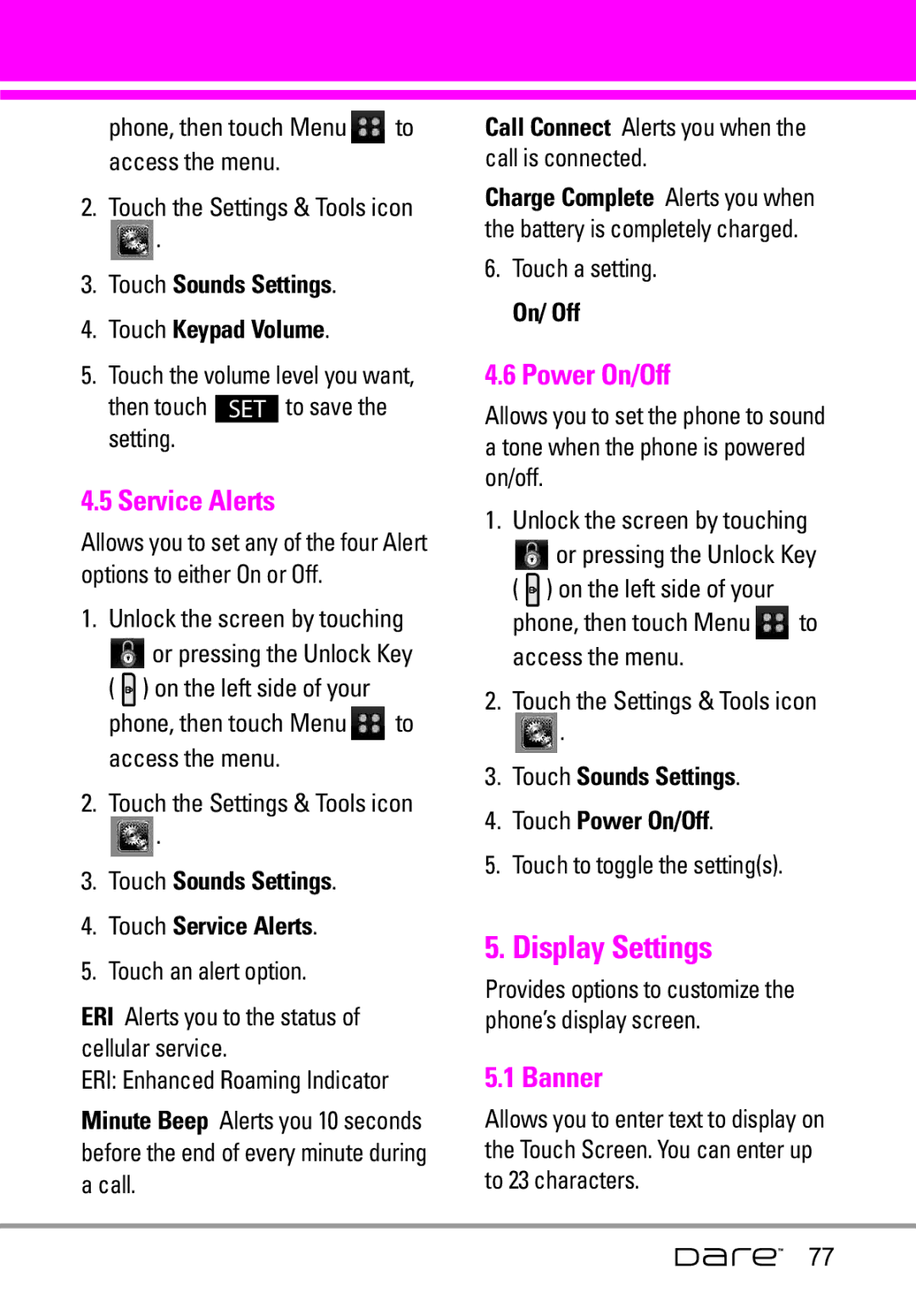 LG Electronics Dare manual Display Settings, Service Alerts, Power On/Off, Banner 